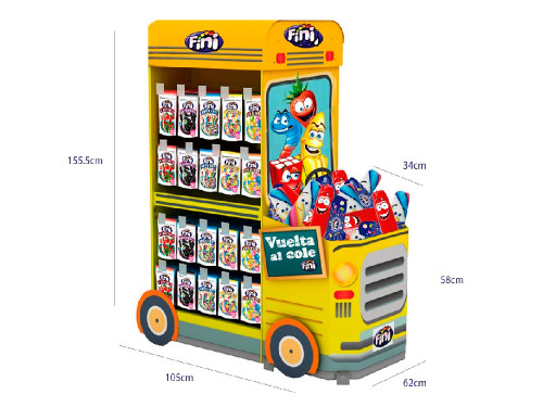Стенд картонный напольный с логотипом "Fini" в виде автобуса 30 крючков